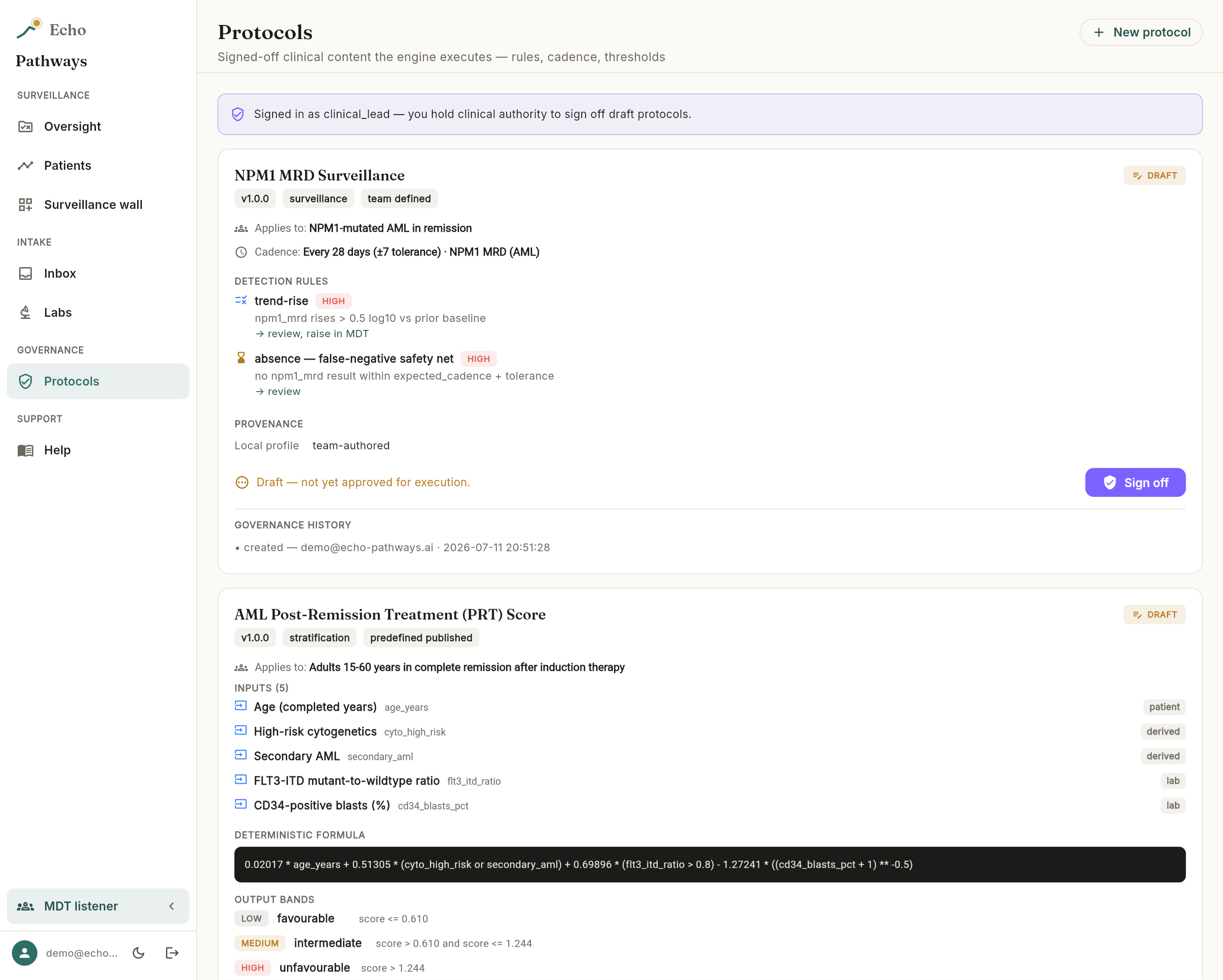 Protocols screen: signed-off detection rules, thresholds and governance history.